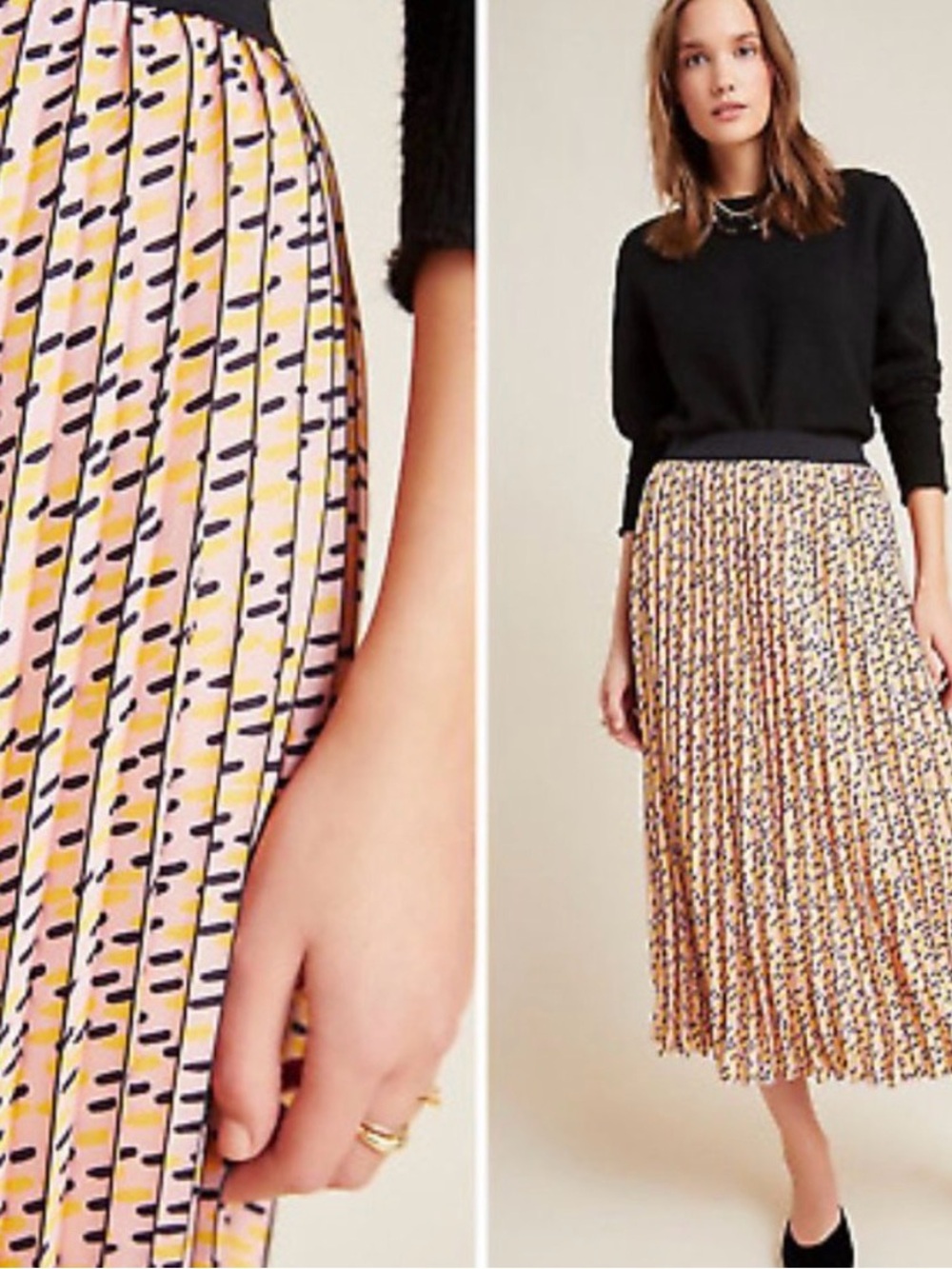 Anthropologie Eva Franco Pleated Midi Skirt in Pink & Yellow Print